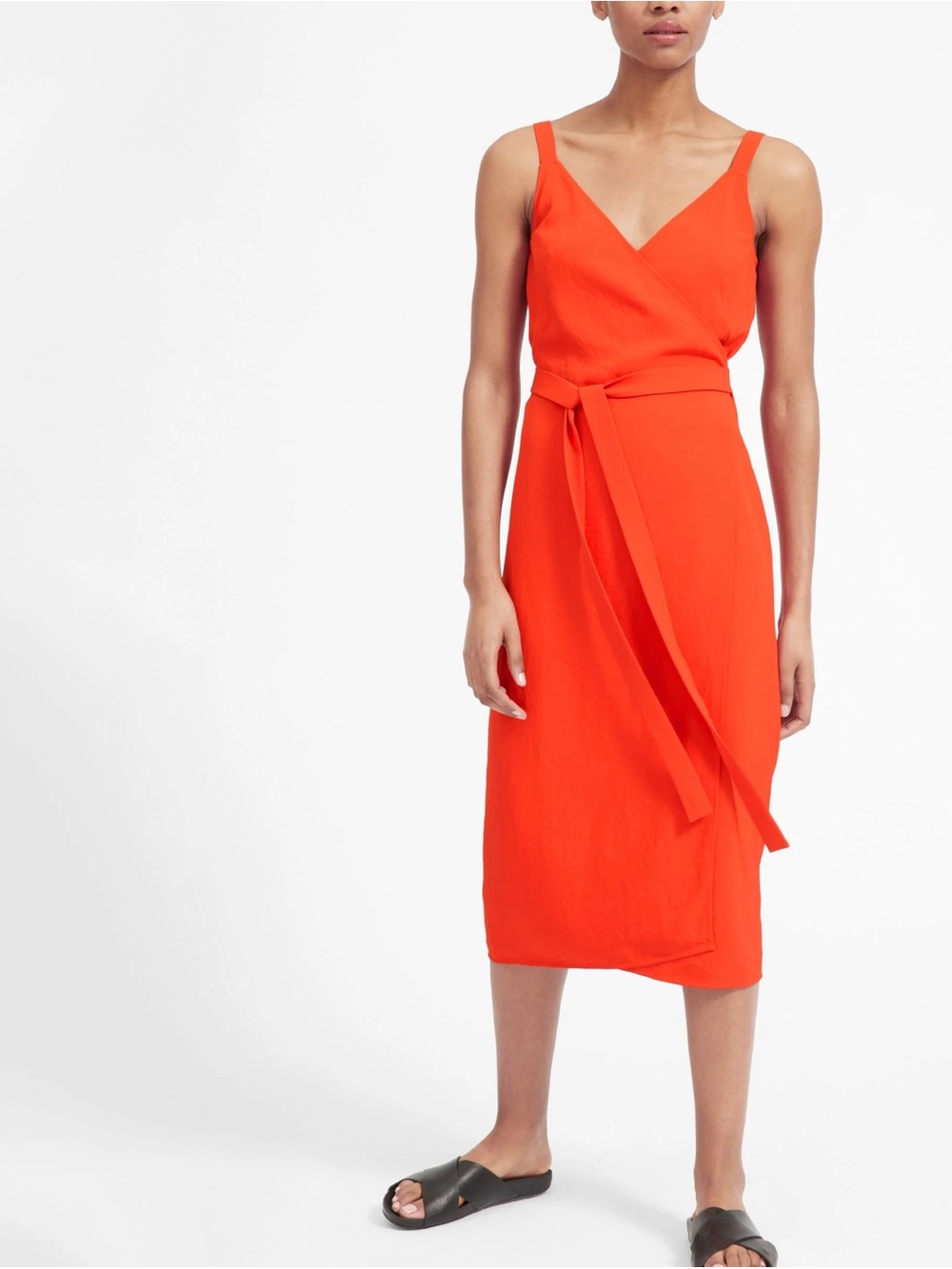 Everlane Vibrant Red Orange Wrap Midi Dress with Waist Tie